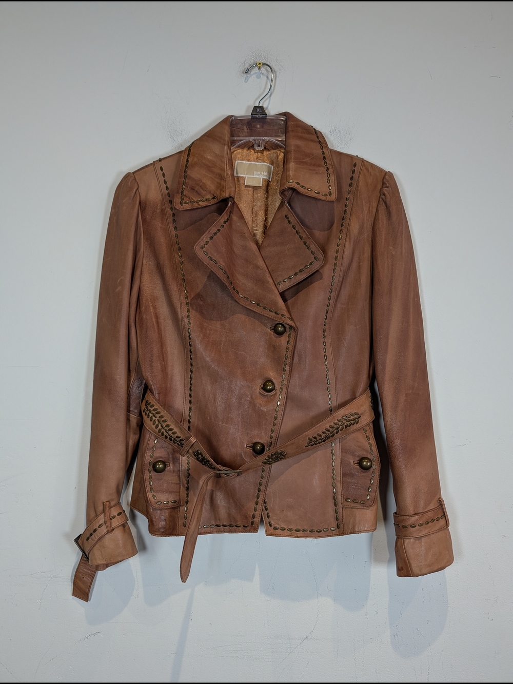 Michael Kors Brown Leather Women's Belted Jacket, Size Large